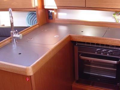 Galley of Merak, a Bavaria Cruiser 34 sailboat at Olbia, Italy