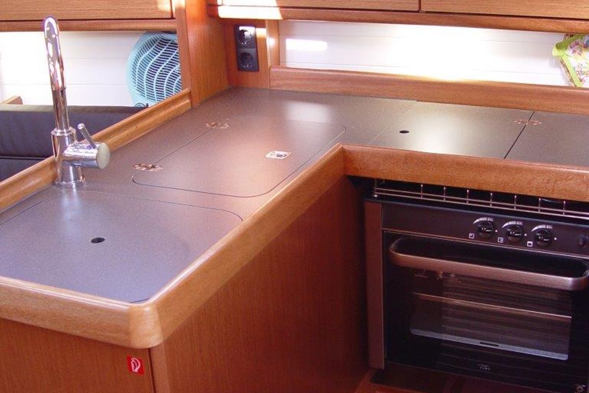 Galley of Merak, a Bavaria Cruiser 34 sailboat at Olbia, Italy