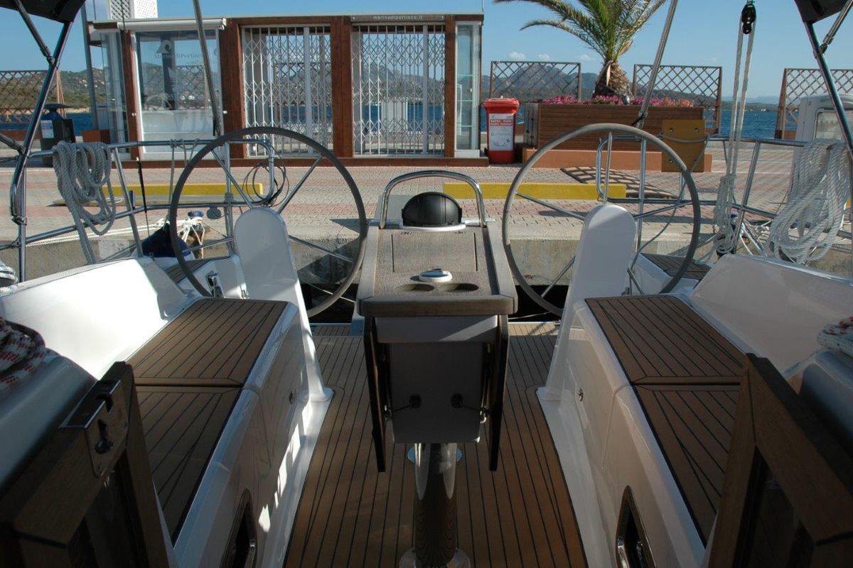 Cockpit of Merak, a Bavaria Cruiser 34 sailboat at Olbia, Italy
