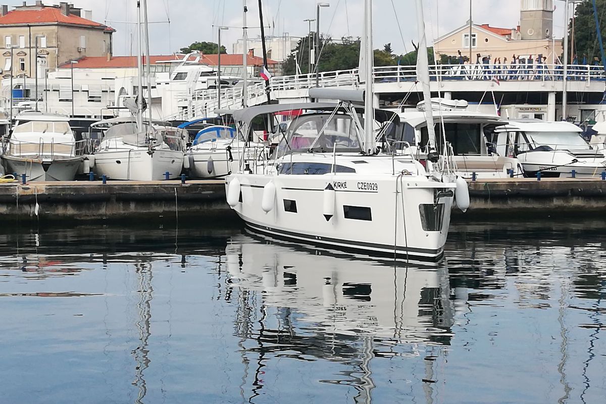 Exterior view of Kirke, a Bavaria C38 sailboat at Zadar, Croatia