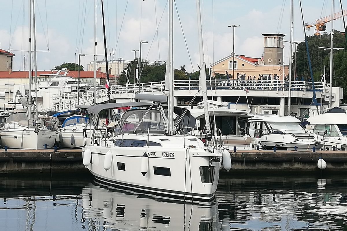 Exterior view of Kirke, a Bavaria C38 sailboat at Zadar, Croatia