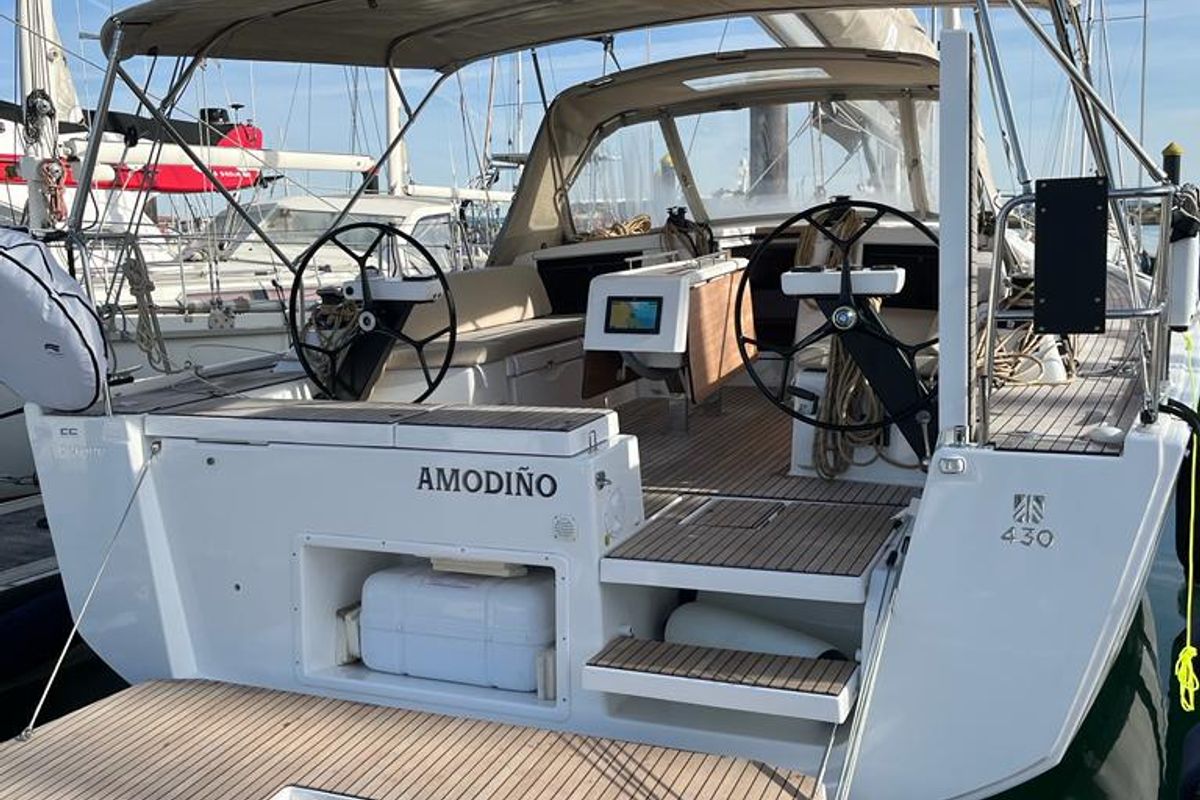 Cockpit of Amodiño, a Dufour 430 sailboat at Baiona, Spain