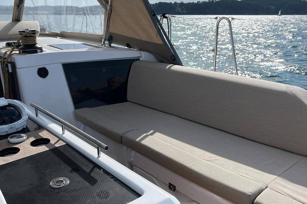 Deck of Amodiño, a Dufour 430 sailboat at Baiona, Spain