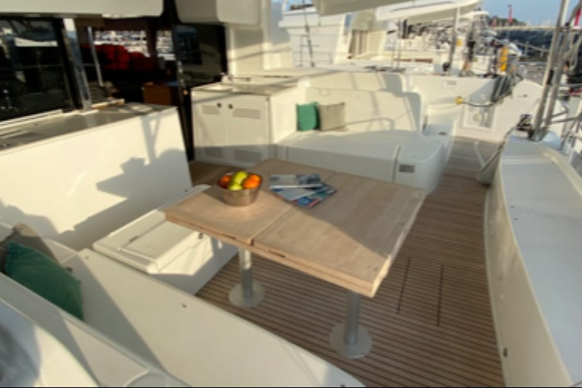 Deck of Sail Away, a Lagoon 46 OW catamaran at Ventimiglia, Italy