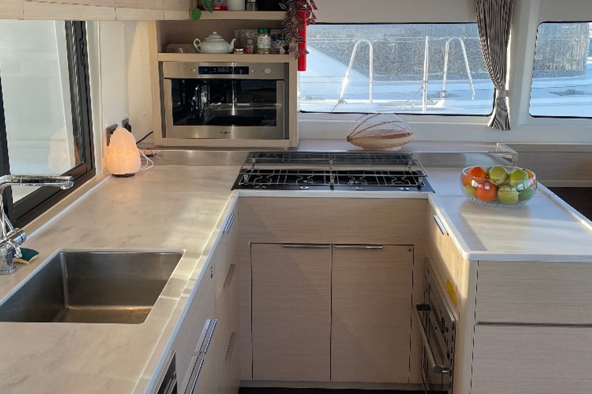 Galley of Sail Away, a Lagoon 46 OW catamaran at Ventimiglia, Italy