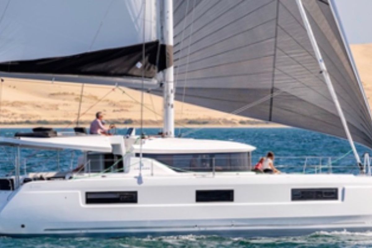 Exterior view of Sail Away, a Lagoon 46 OW catamaran at Ventimiglia, Italy