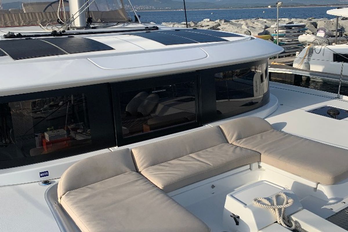 Deck of Sail Away, a Lagoon 46 OW catamaran at Ventimiglia, Italy