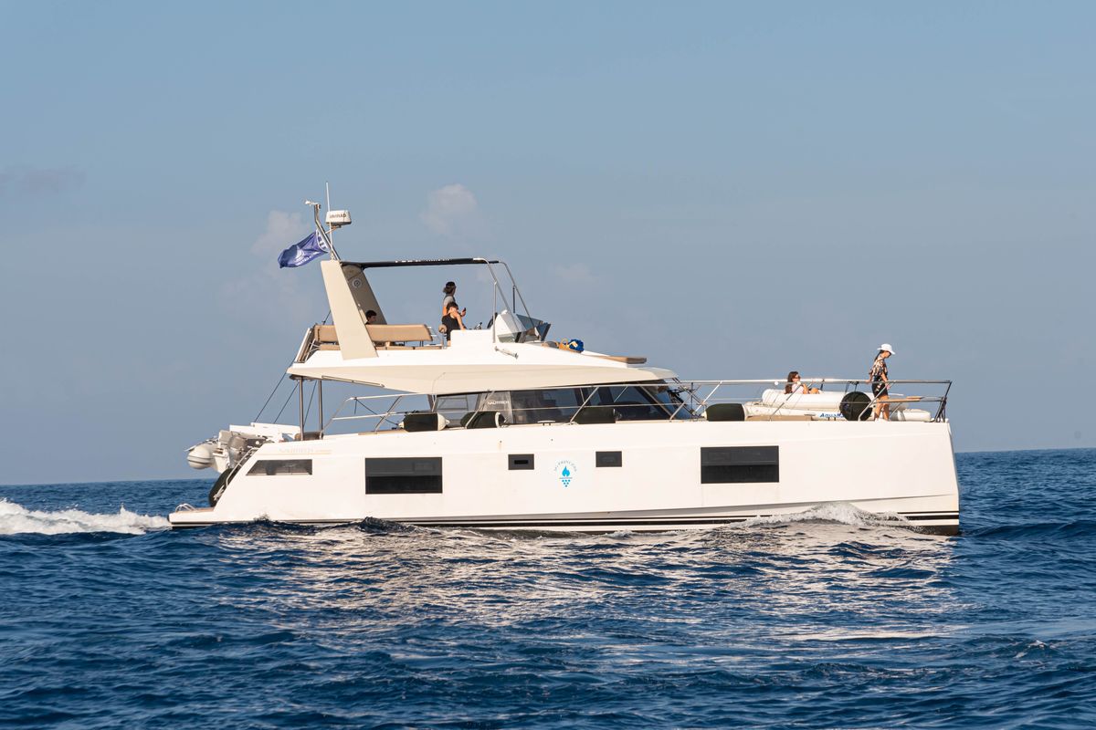 Exterior view of AG Princess, a Bavaria Nautitech 47 Power catamaran at Municipal Unit of Lefkada, Greece
