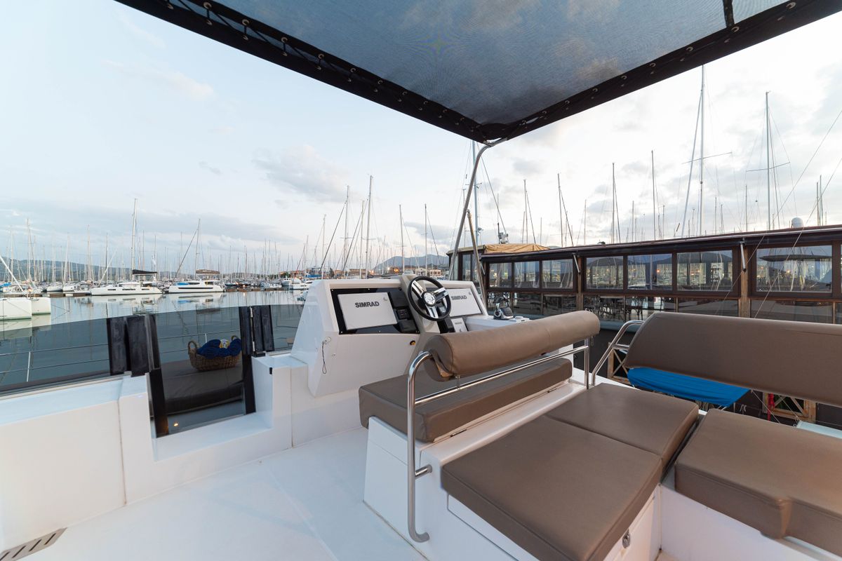 Cockpit of AG Princess, a Bavaria Nautitech 47 Power catamaran at Municipal Unit of Lefkada, Greece