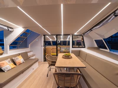 Deck of AG Princess, a Bavaria Nautitech 47 Power catamaran at Municipal Unit of Lefkada, Greece