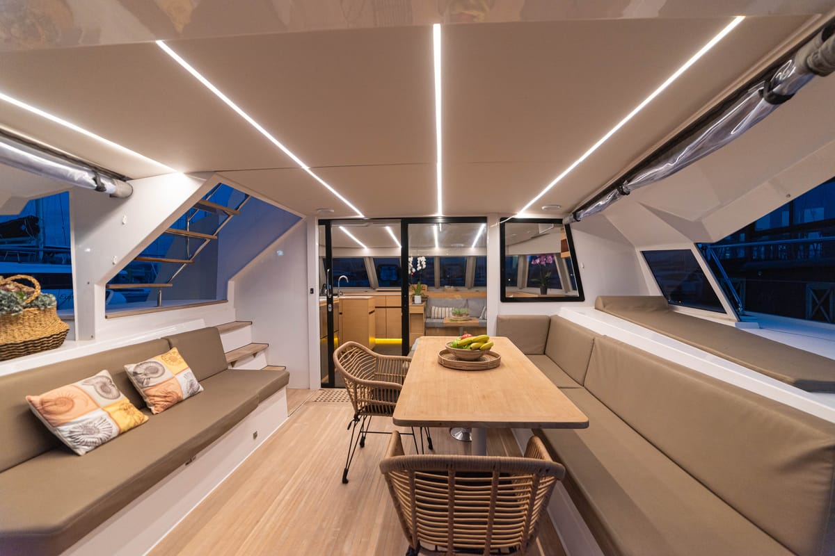 Deck of AG Princess, a Bavaria Nautitech 47 Power catamaran at Municipal Unit of Lefkada, Greece