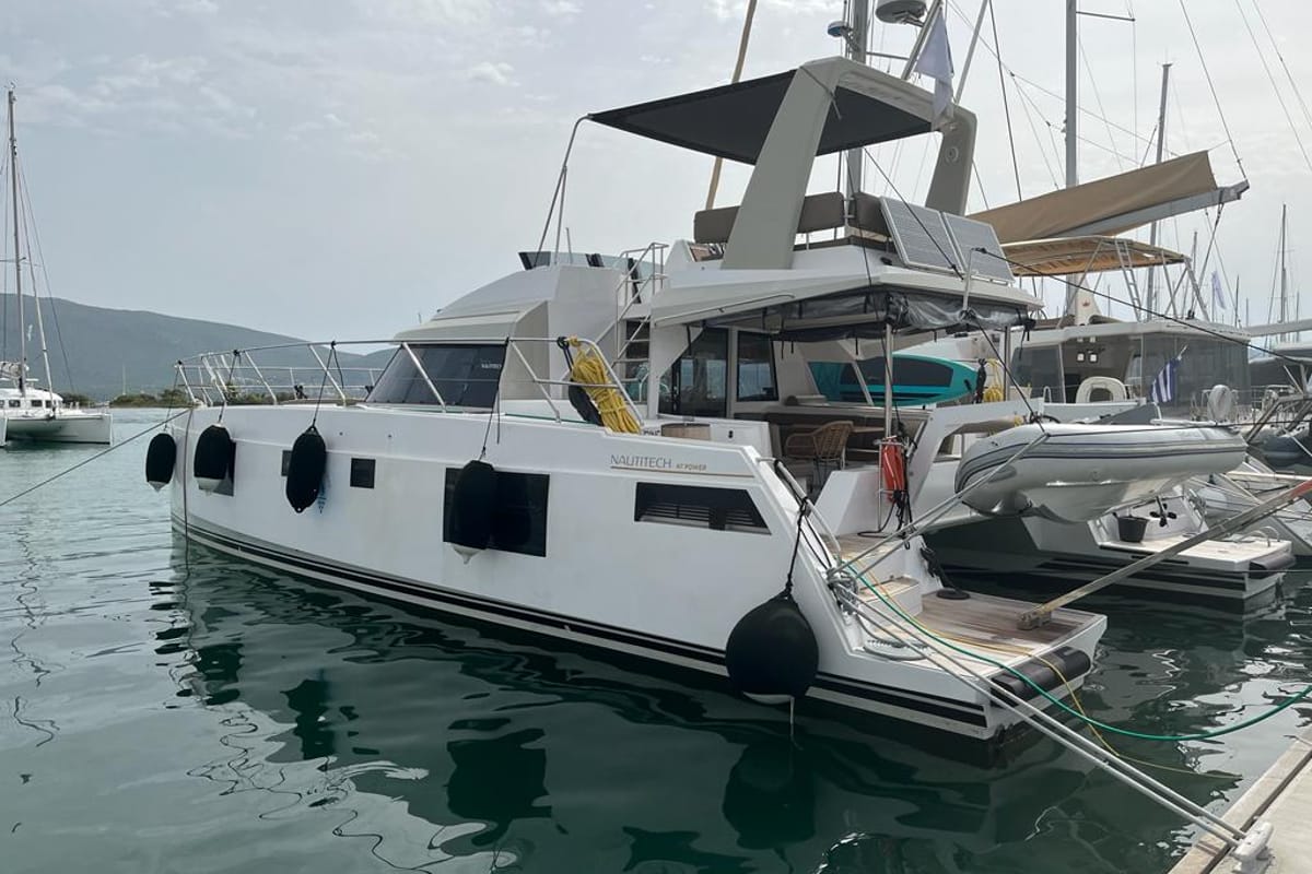 Exterior view of AG Princess, a Bavaria Nautitech 47 Power catamaran at Municipal Unit of Lefkada, Greece