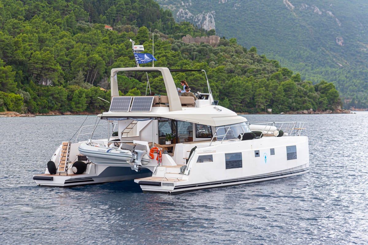 Exterior view of AG Princess, a Bavaria Nautitech 47 Power catamaran at Municipal Unit of Lefkada, Greece
