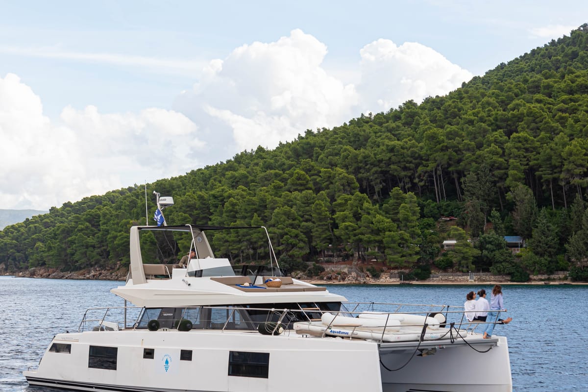 Exterior view of AG Princess, a Bavaria Nautitech 47 Power catamaran at Municipal Unit of Lefkada, Greece
