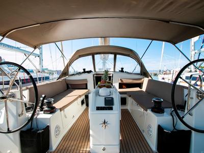 Cockpit of Homesick George, a Jeanneau Sun Odyssey 440 sailboat at Volos Municipality, Greece