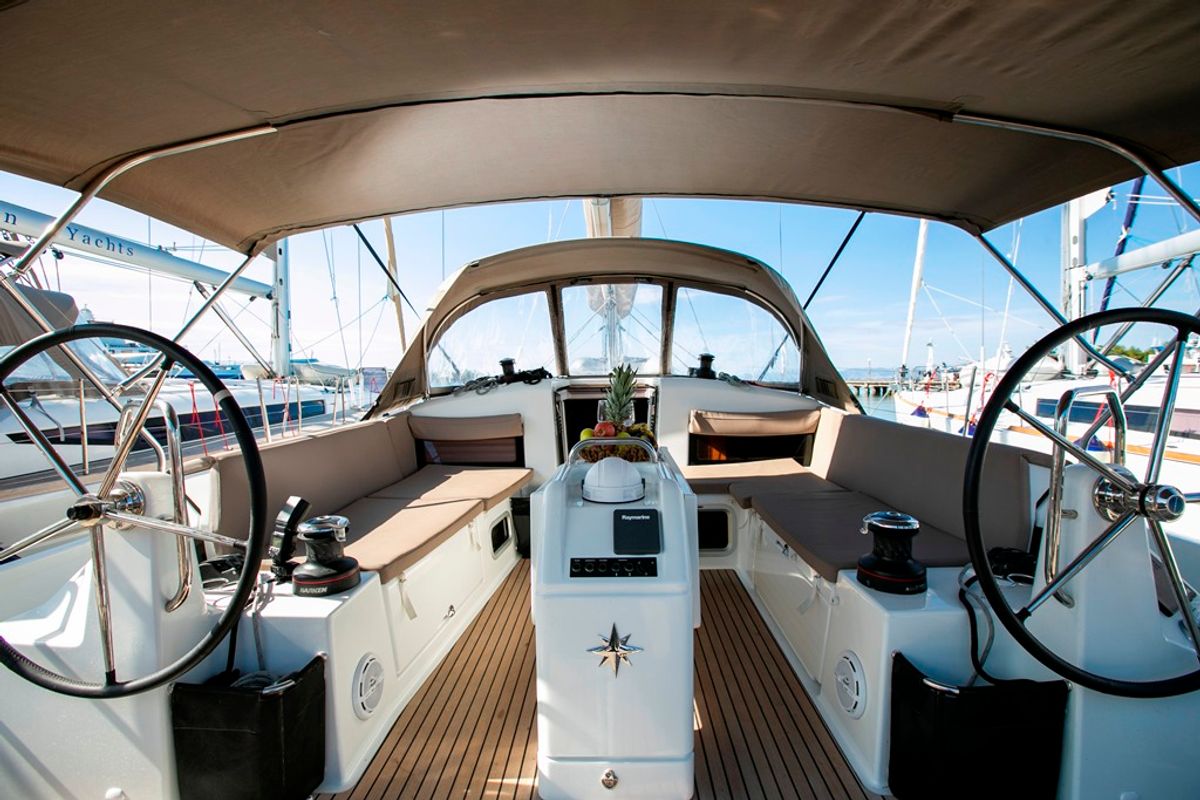 Cockpit of Homesick George, a Jeanneau Sun Odyssey 440 sailboat at Volos Municipality, Greece