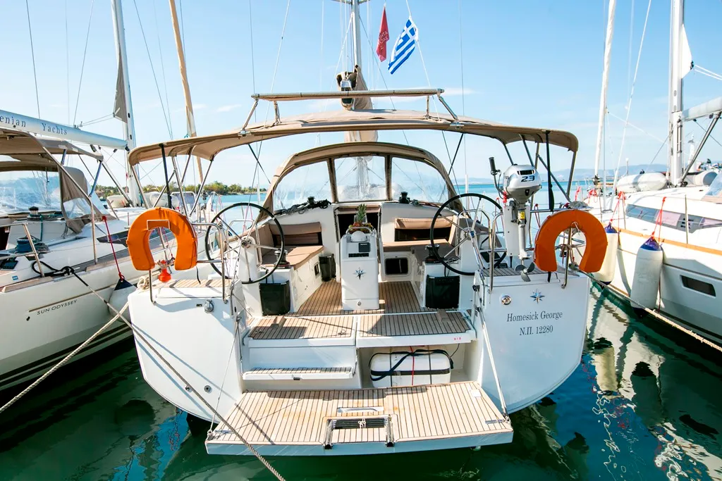 Exterior view of Homesick George, a Jeanneau Sun Odyssey 440 sailboat at Volos Municipality, Greece
