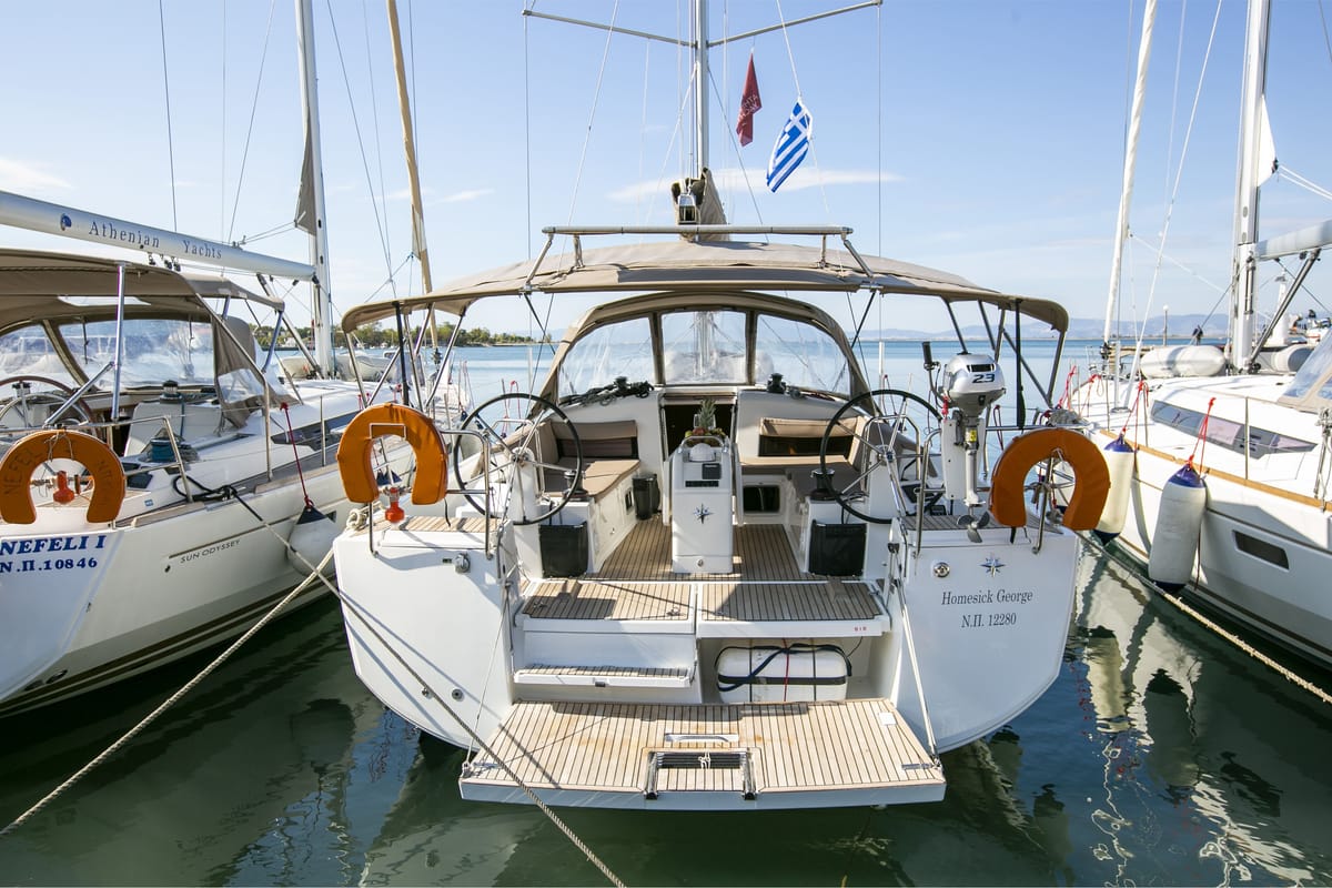 Head on Homesick George, a Jeanneau Sun Odyssey 440 sailboat at Volos Municipality, Greece