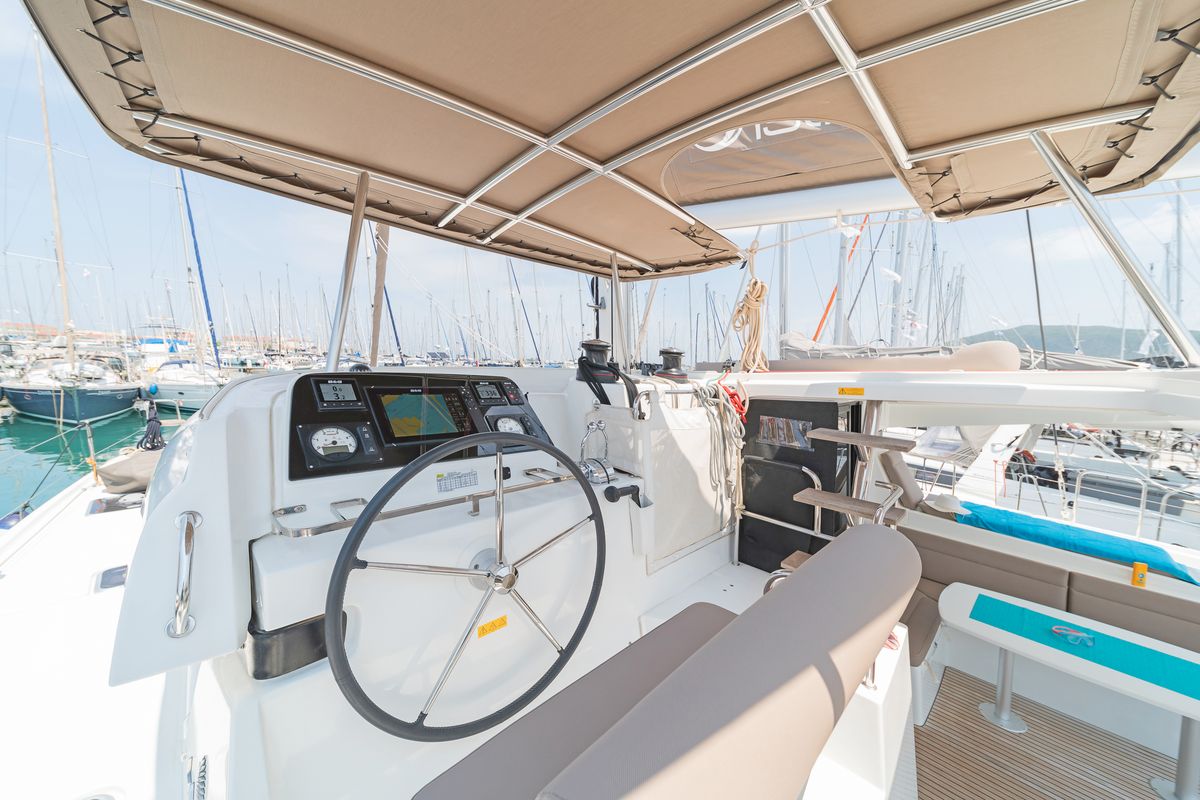 Cockpit of White Waves, a Lagoon 42 catamaran at Municipal Unit of Lefkada, Greece