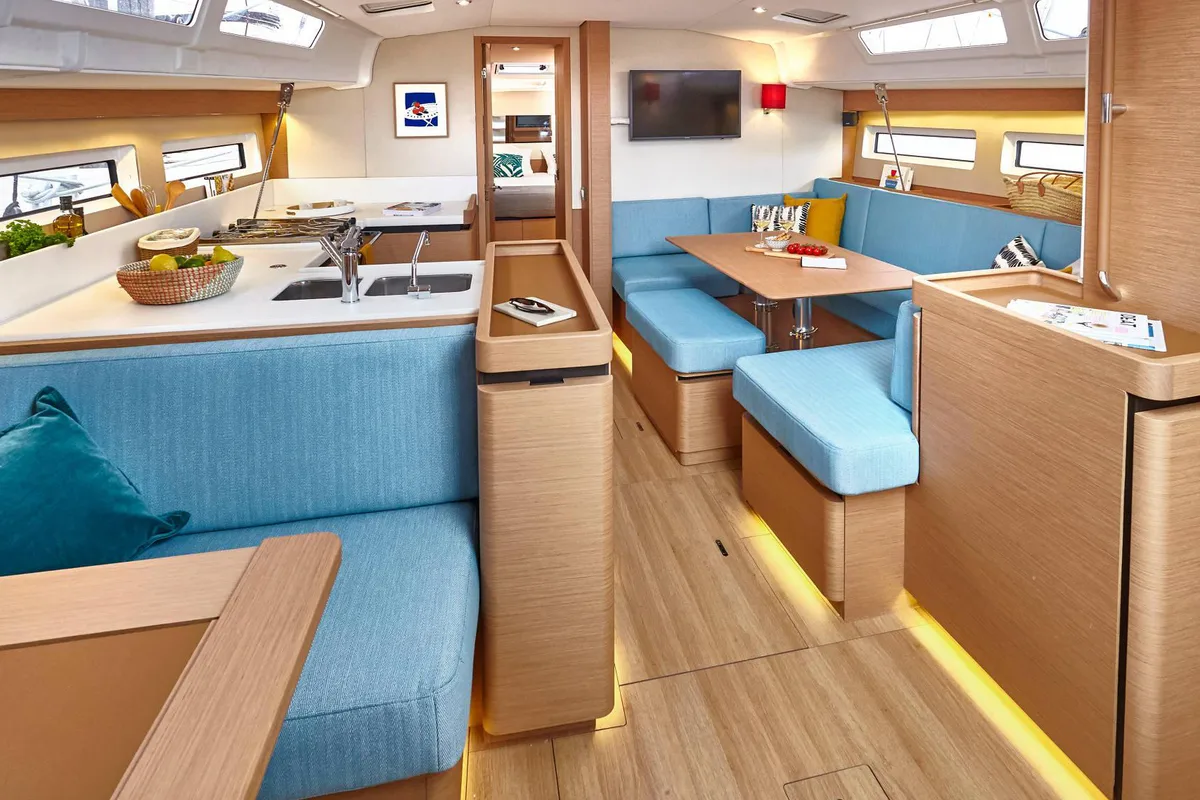 Salon of Sun Odyssey 490 Premium, a Jeanneau Sun Odyssey 490 sailboat at Tonnarella, Italy