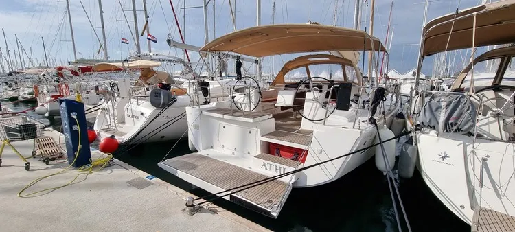 Exterior view of Athi, a Dufour 460 GL sailboat at Pirovac, Croatia