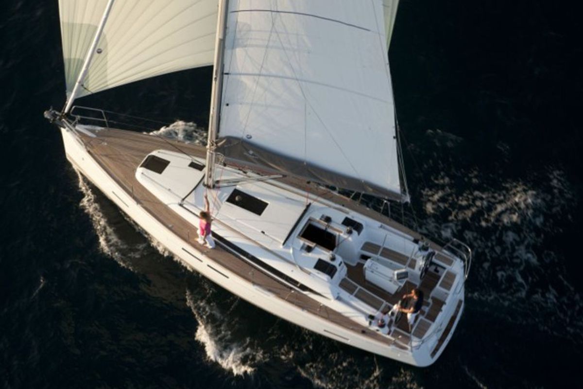 Exterior view of AF-SO409, a Jeanneau Sun Odyssey 409 sailboat at Municipal Unit of Lefkada, Greece