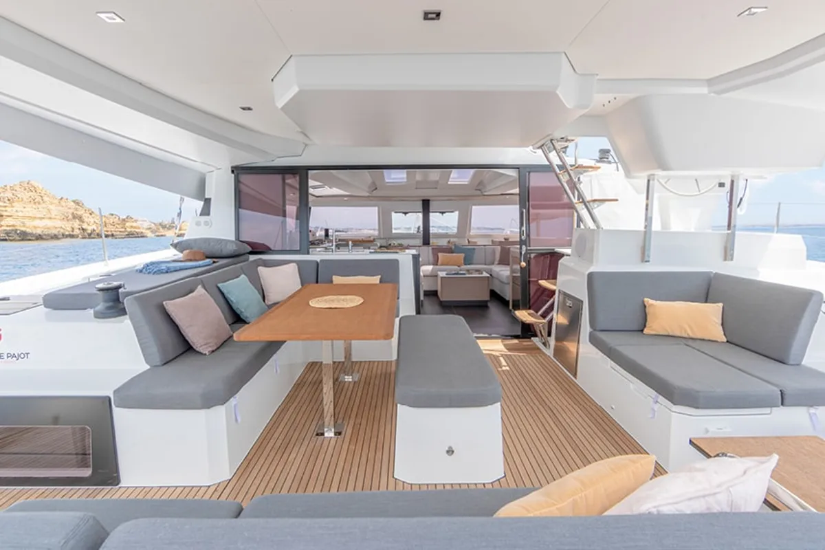 Deck of Winged Arrow II, a Fountaine Pajot Elba 45 catamaran at Road Town, British Virgin Islands