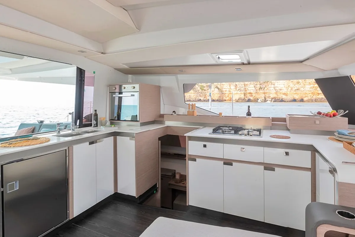 Galley of Winged Arrow II, a Fountaine Pajot Elba 45 catamaran at Road Town, British Virgin Islands