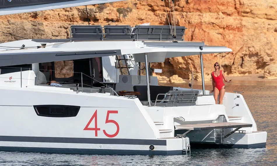Exterior view of Winged Arrow II, a Fountaine Pajot Elba 45 catamaran at Road Town, British Virgin Islands