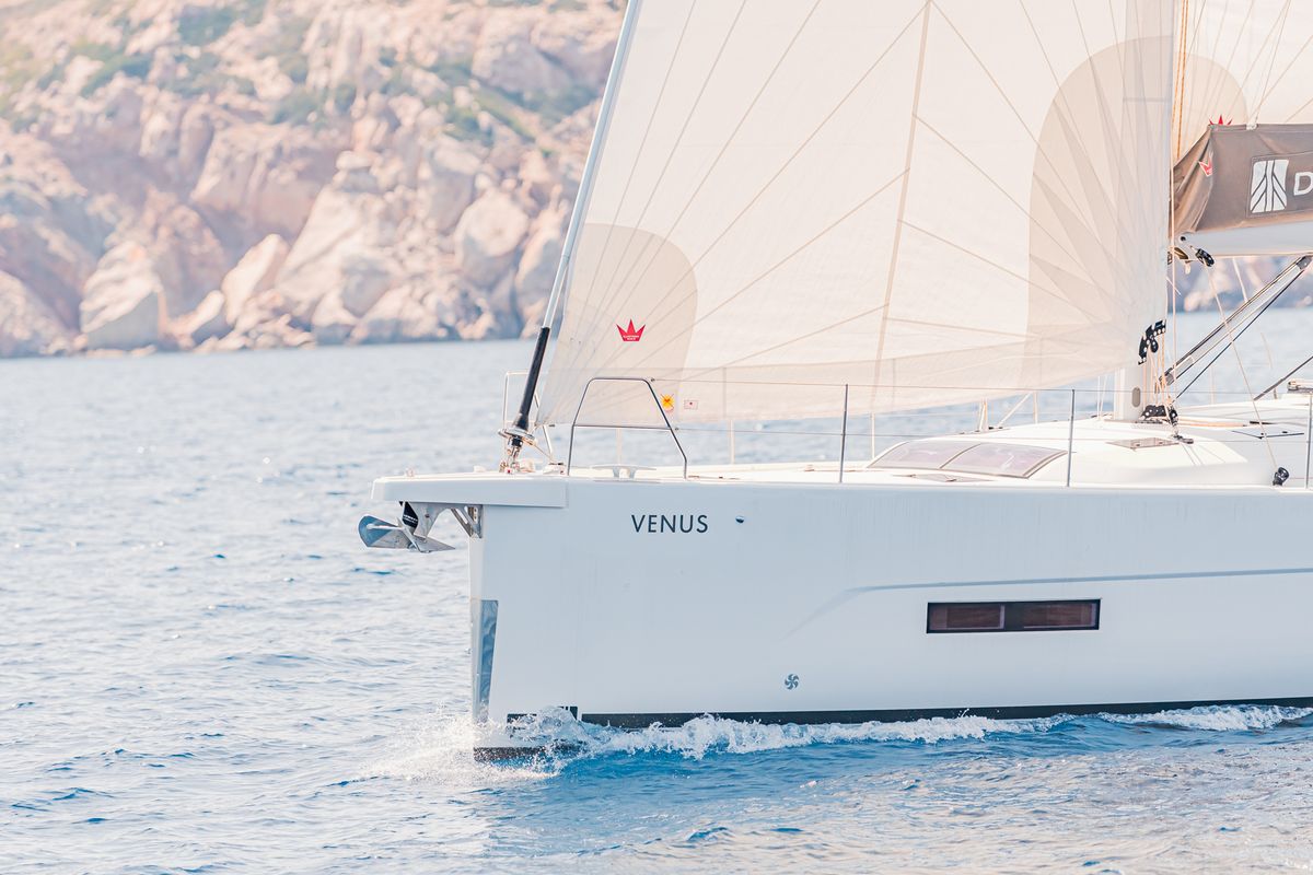 Exterior view of Venus, a Dufour 530 sailboat at Athens, Greece