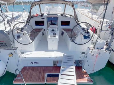 Cockpit of SuElli, a Jeanneau Sun Odyssey 410 sailboat at San Miguel de Abona, Spain