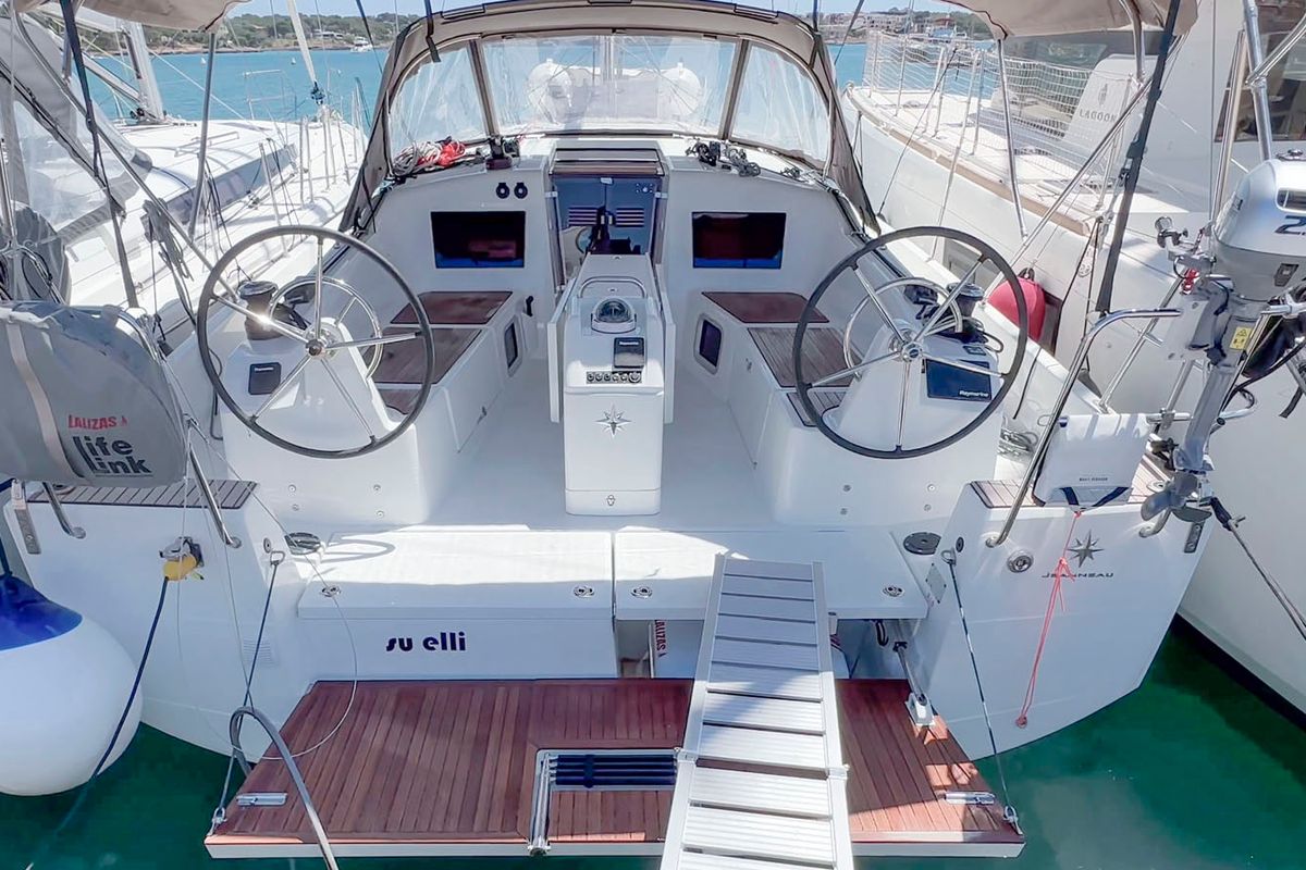 Cockpit of SuElli, a Jeanneau Sun Odyssey 410 sailboat at San Miguel de Abona, Spain