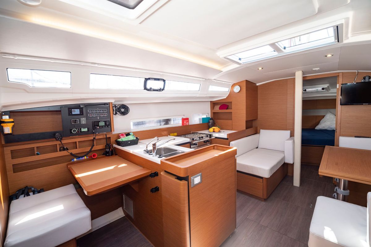 Galley of SuElli, a Jeanneau Sun Odyssey 410 sailboat at San Miguel de Abona, Spain