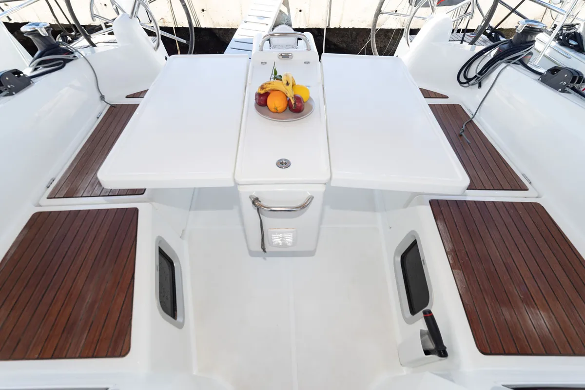 Deck of SuElli, a Jeanneau Sun Odyssey 410 sailboat at San Miguel de Abona, Spain