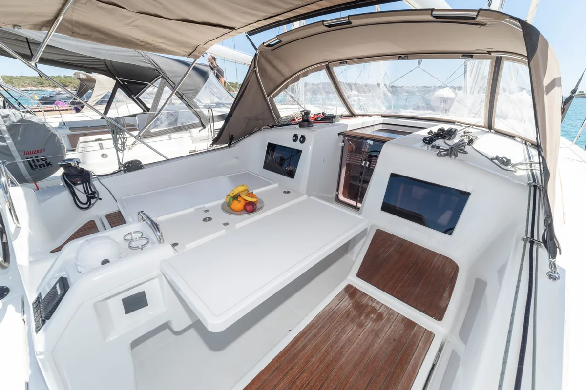 Deck of SuElli, a Jeanneau Sun Odyssey 410 sailboat at San Miguel de Abona, Spain