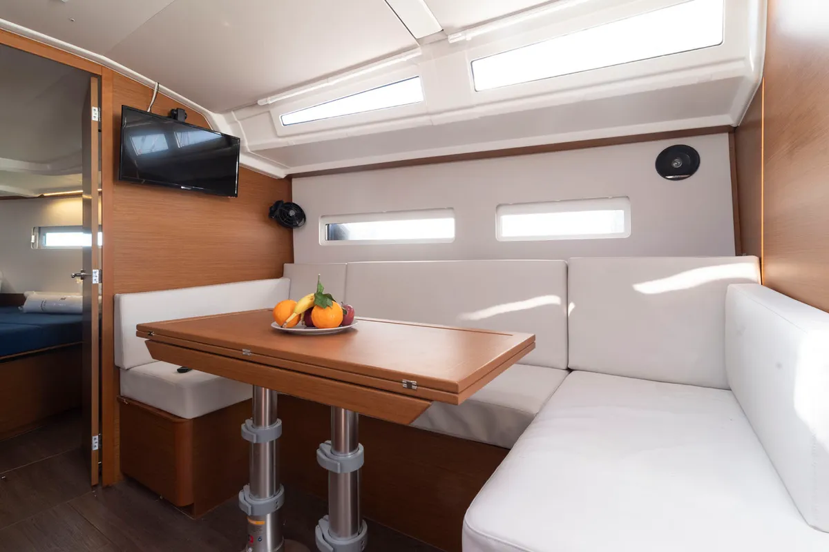 Salon of SuElli, a Jeanneau Sun Odyssey 410 sailboat at San Miguel de Abona, Spain