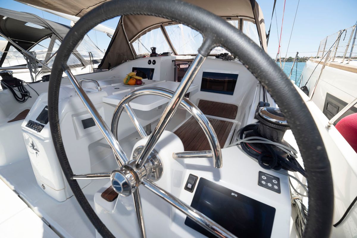 Cockpit of SuElli, a Jeanneau Sun Odyssey 410 sailboat at San Miguel de Abona, Spain