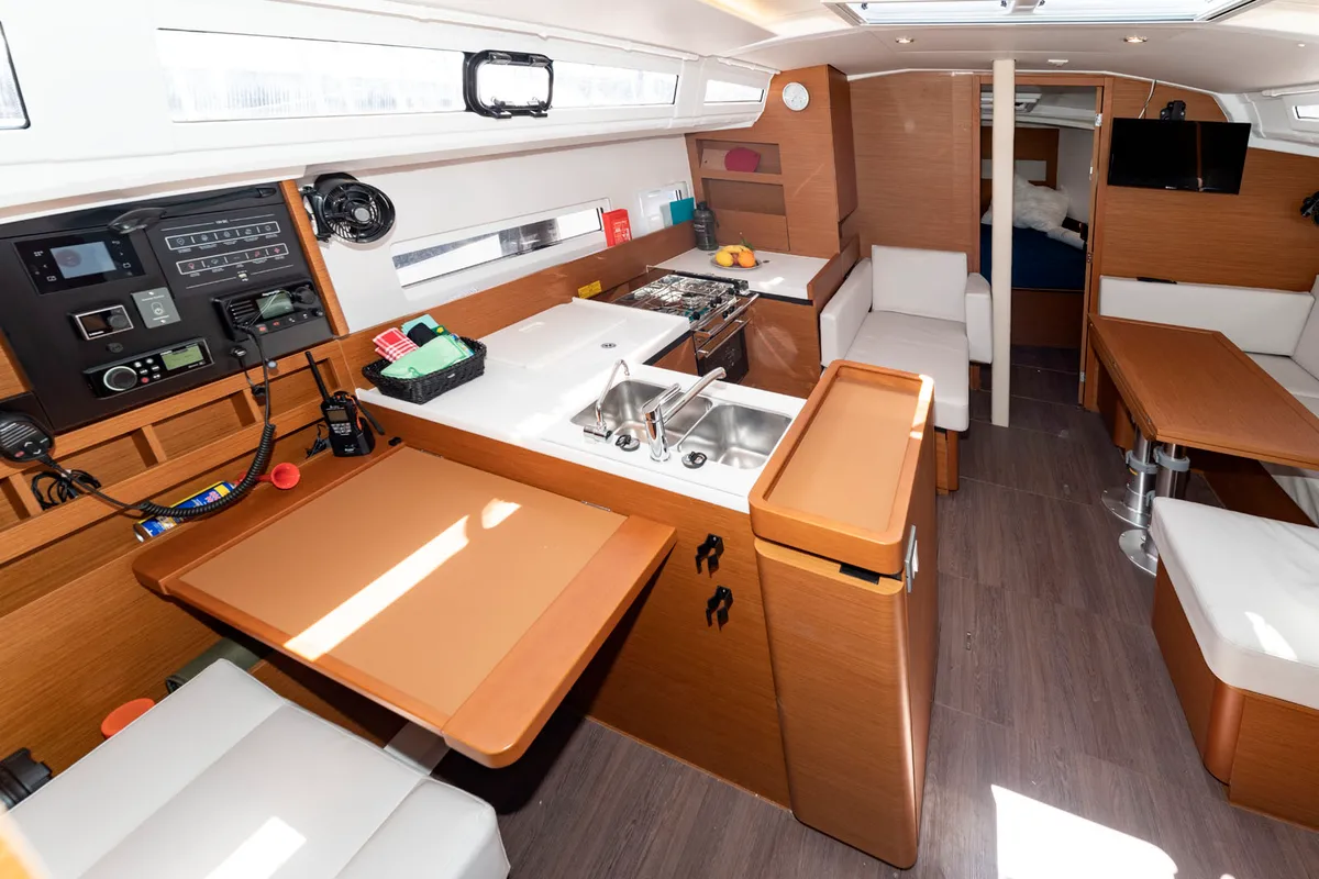 Galley of SuElli, a Jeanneau Sun Odyssey 410 sailboat at San Miguel de Abona, Spain