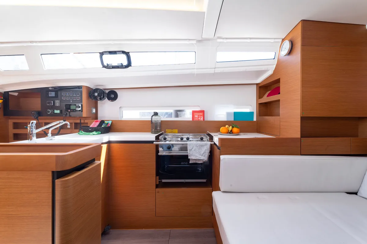 Galley of SuElli, a Jeanneau Sun Odyssey 410 sailboat at San Miguel de Abona, Spain