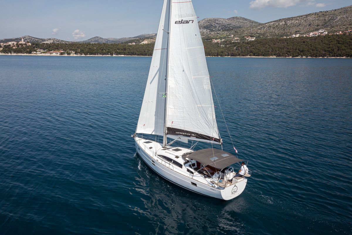 Exterior view of Lara, a Elan Impression 45.1 sailboat at Grad Trogir, Croatia