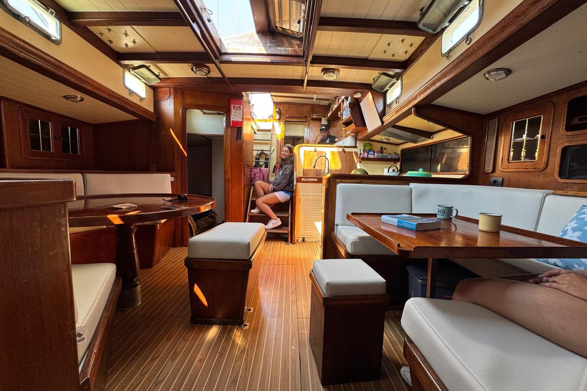Salon of La Peregrina, a Gulet Frers 72 sailboat at Road Town, British Virgin Islands