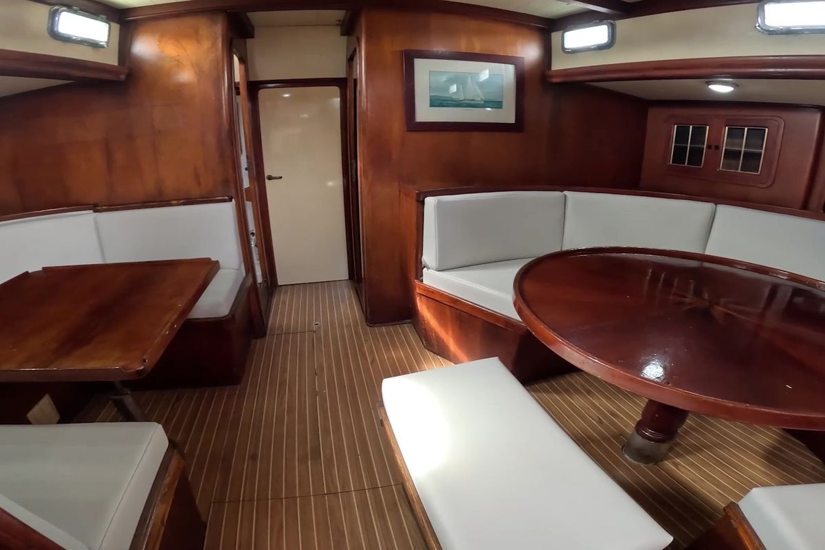 Salon of La Peregrina, a Gulet Frers 72 sailboat at Road Town, British Virgin Islands