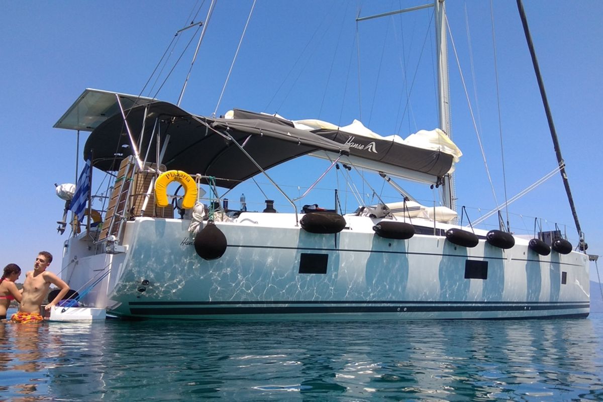 Exterior view of Planaria, a Hanse Yachts Hanse 508 sailboat at Volos Municipality, Greece