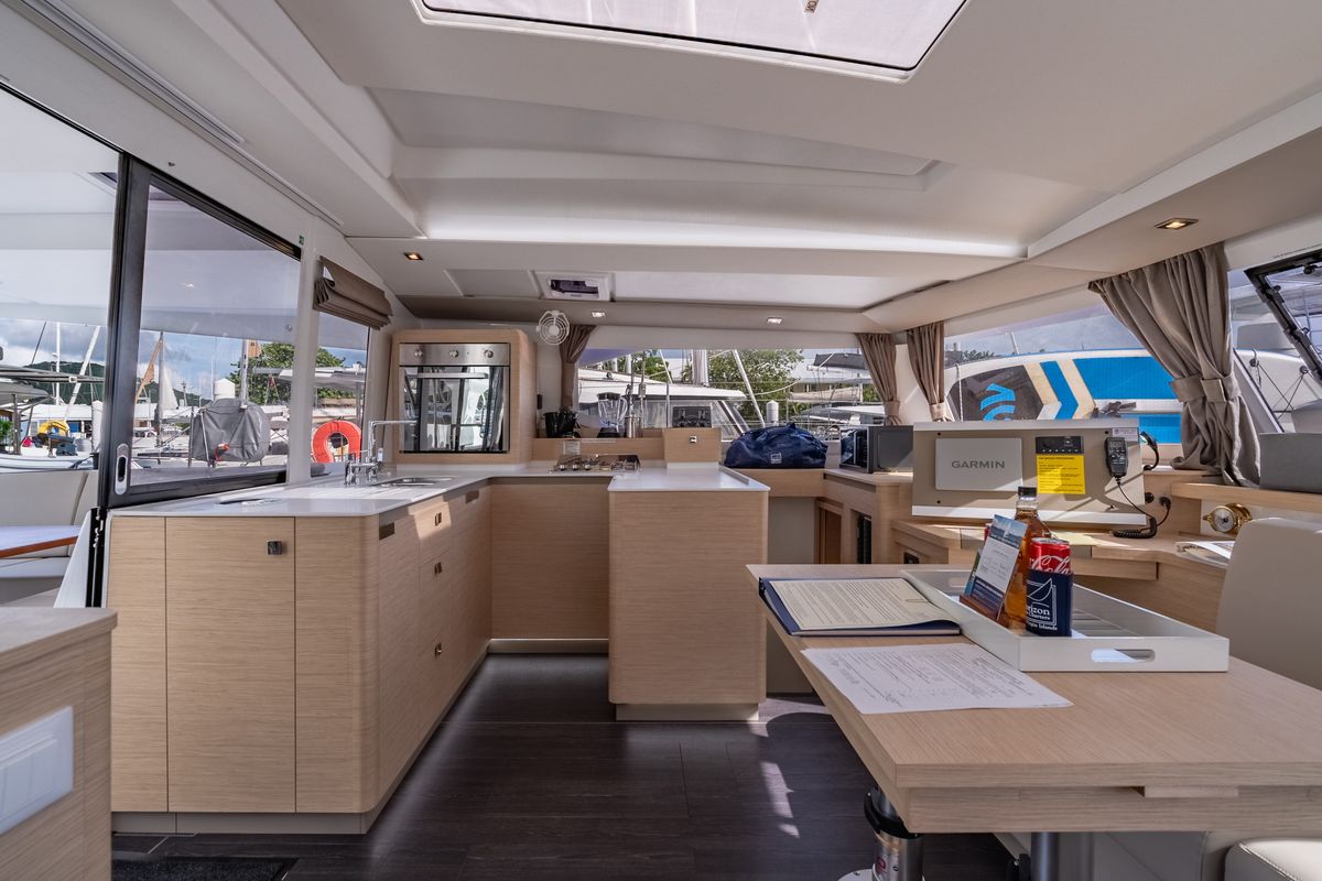 Salon of Rendezvous III, a Fountaine Pajot Astrea 42 catamaran at Road Town, British Virgin Islands