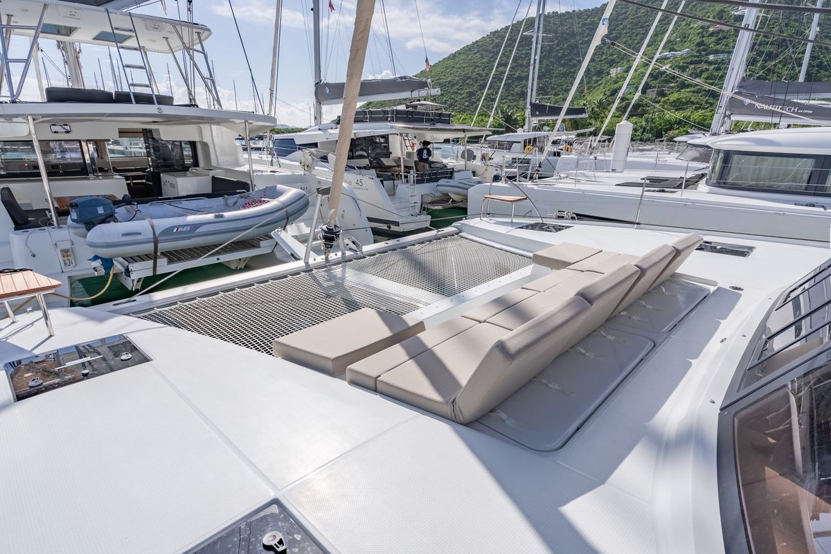 Deck of Rendezvous III, a Fountaine Pajot Astrea 42 catamaran at Road Town, British Virgin Islands