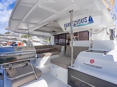 Deck of Rendezvous III, a Fountaine Pajot Astrea 42 catamaran at Road Town, British Virgin Islands