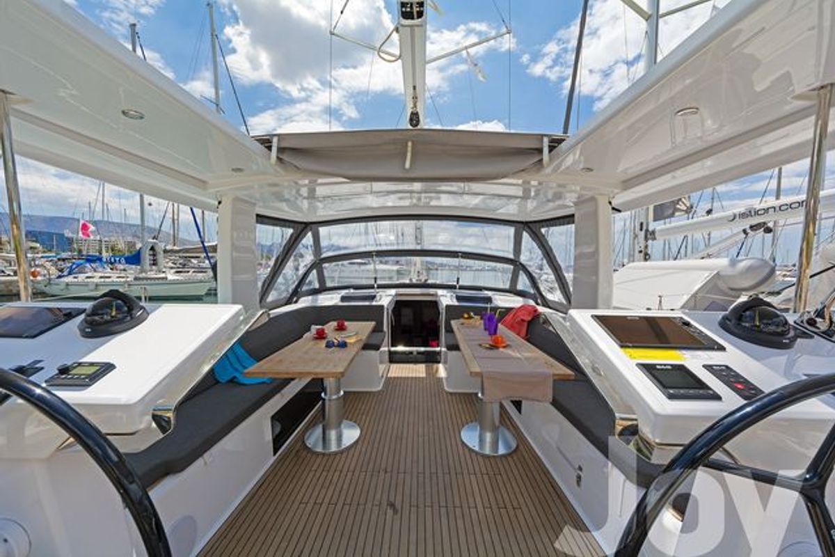 Cockpit of Joy, a Hanse Yachts Hanse 548 sailboat at Municipal Unit of Lefkada, Greece