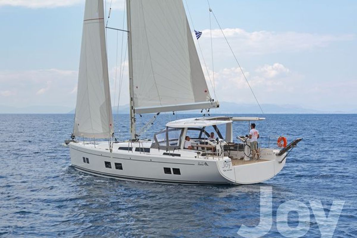 Exterior view of Joy, a Hanse Yachts Hanse 548 sailboat at Municipal Unit of Lefkada, Greece
