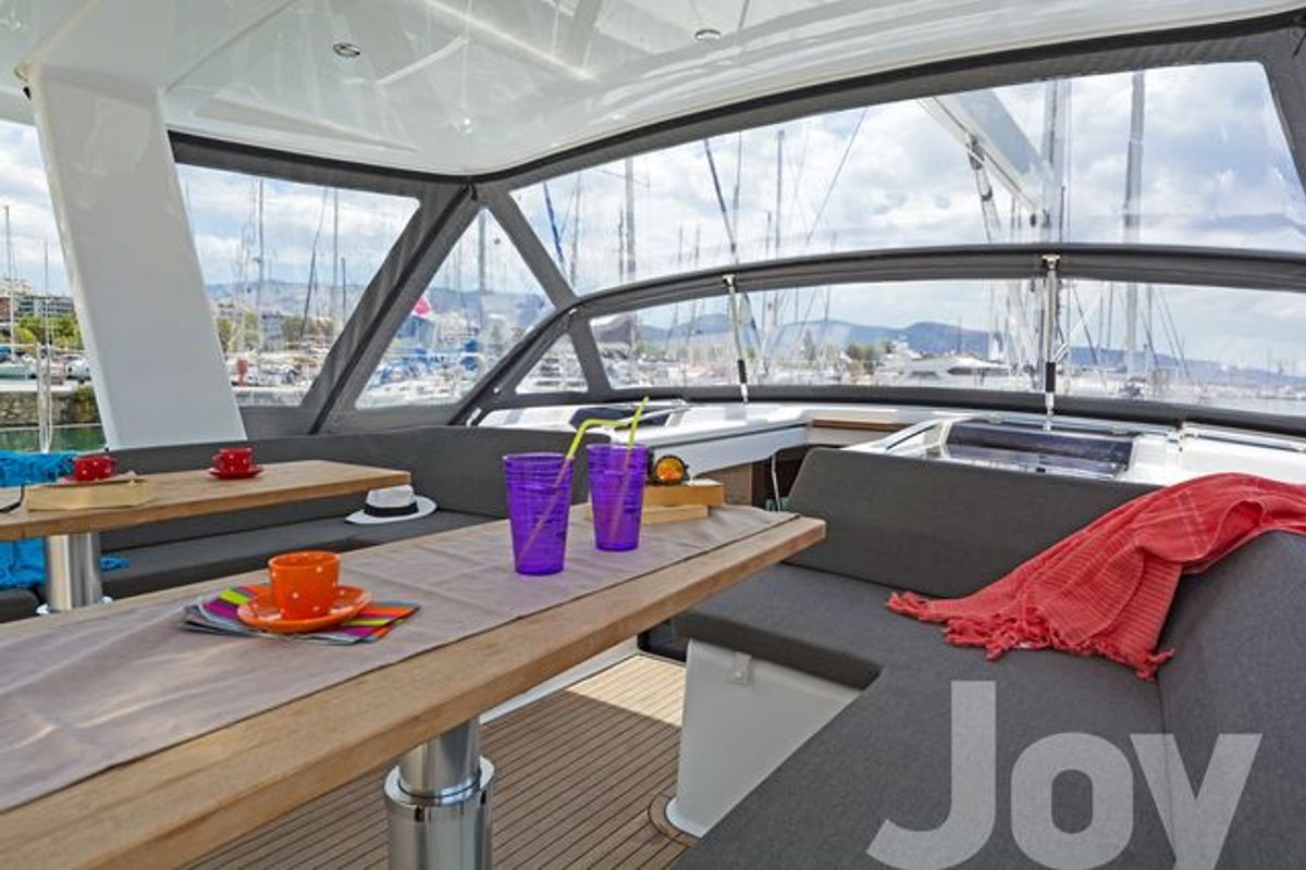 Deck of Joy, a Hanse Yachts Hanse 548 sailboat at Municipal Unit of Lefkada, Greece