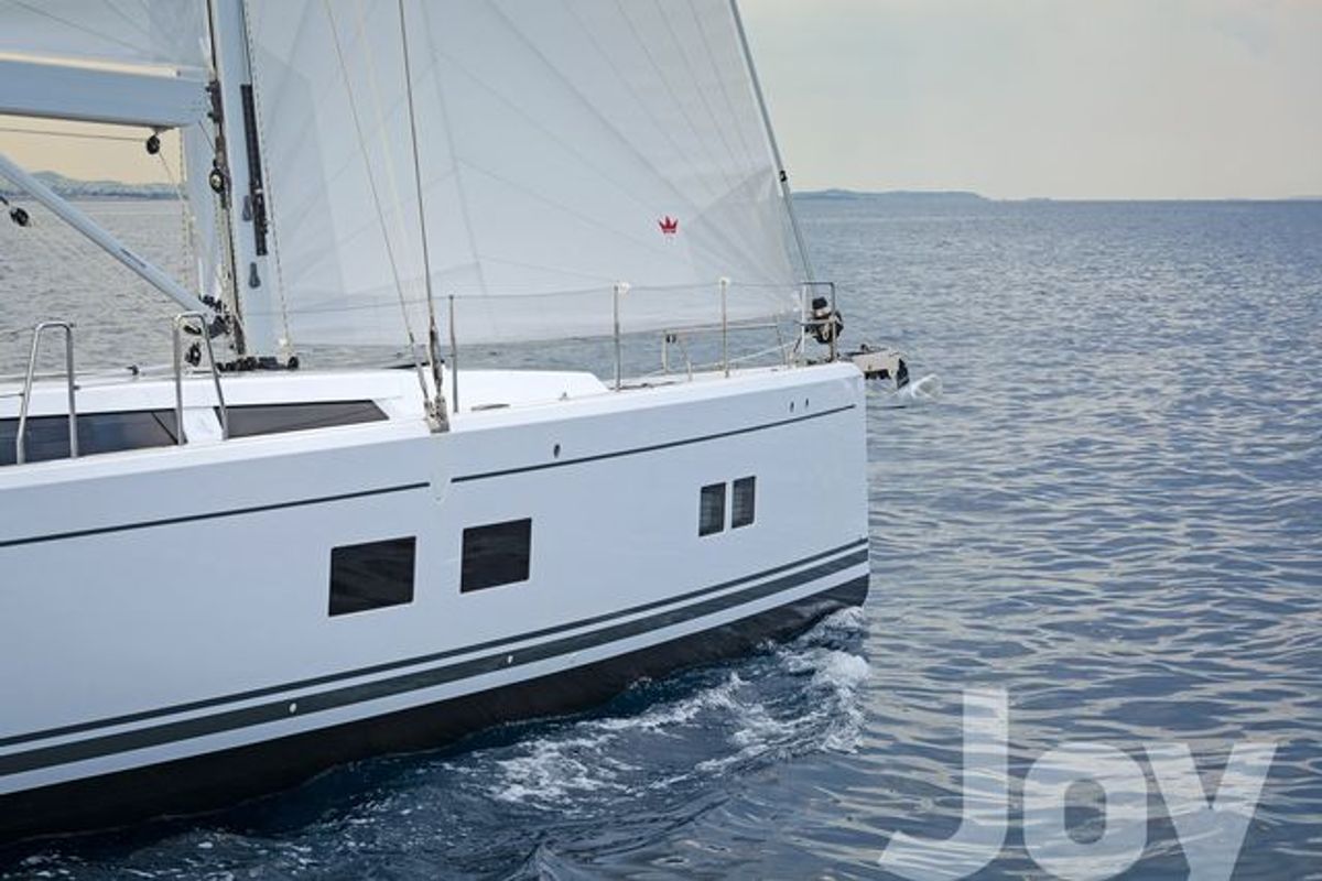 Exterior view of Joy, a Hanse Yachts Hanse 548 sailboat at Municipal Unit of Lefkada, Greece